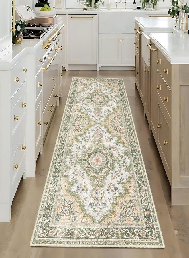 Castage Washable Runner Rug 2'x6',Green Rug Runners Non Slip,Long Boho Rugs for Hallways Kitchen Bathroom Bedroom Entryway,Vintage Bohemian Distressed Floor Carpet,Sage Floral - Image 3
